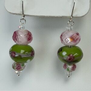 Wedding Cake Art Glass Roses Beaded Dangle Pierced Earrings